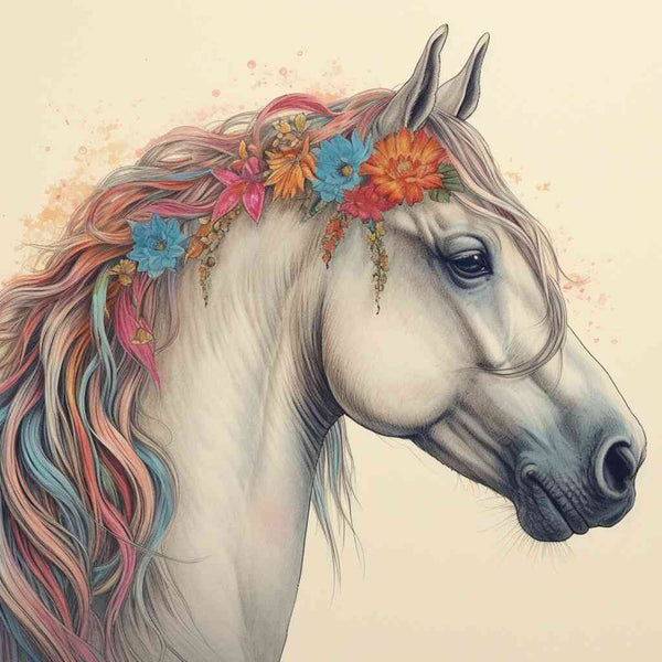 Weißes Pferd mit Blumenkranz und fließendem schimmerndem Haar in warmen Farbtönen, Darstellung der natürlichen Anmut und phantastischem Realismus