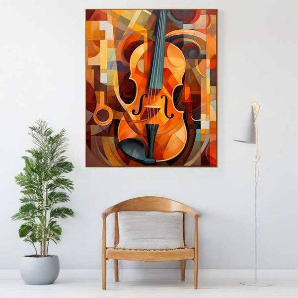 Abstrakte Kunst "Sinfonie der Formen" mit Geige in warmen Orangetönen und Braunschattierungen, aufgehängt in modernem Wohnraum.