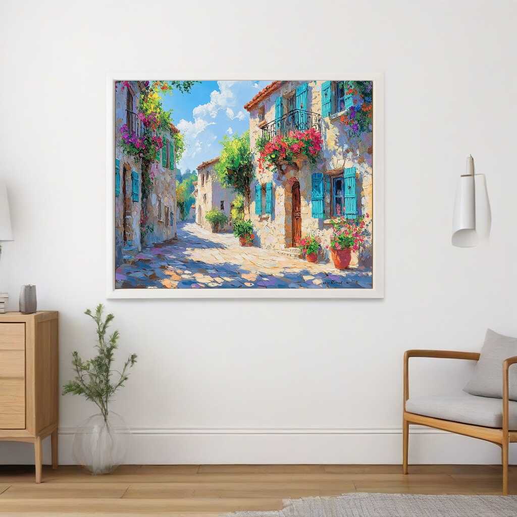 Malen nach Zahlen - Mediterranes Farbenspiel: Wandbild mit mediterranem Straßenszenenmotiv, eingerahmt und aufgehängt in modernem Wohnzimmer