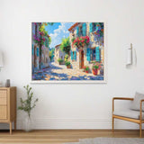 Malen nach Zahlen - Mediterranes Farbenspiel: Wandbild mit mediterranem Straßenszenenmotiv, eingerahmt und aufgehängt in modernem Wohnzimmer