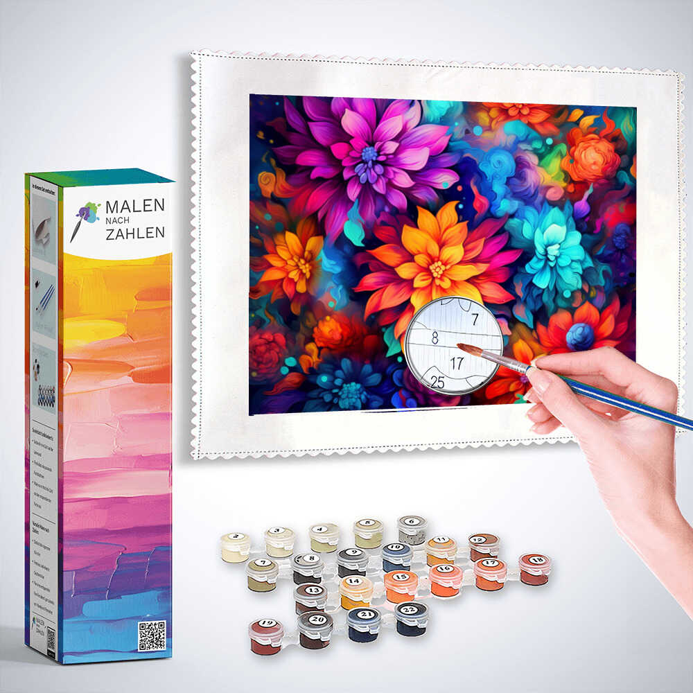 Malen nach Zahlen Set "Farbenrausch der Gefühle" mit bunter Blumenkomposition und Pinseln auf Leinwand