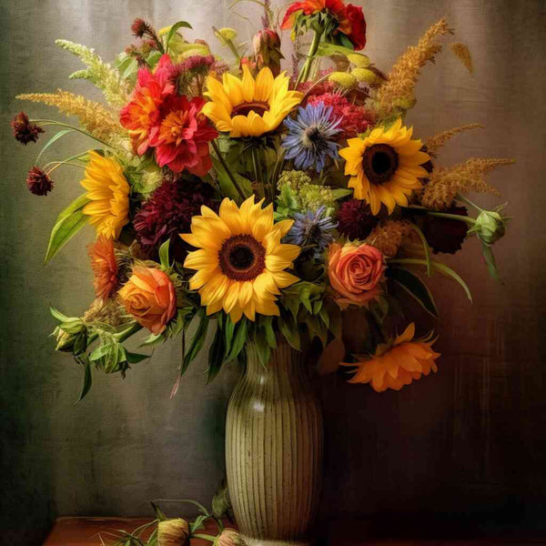 Lebhaftes Stillleben mit Sonnenblumen und bunten Blüten in Vase, umgeben von grünen Blättern, schafft warmes und romantisches Ambiente.