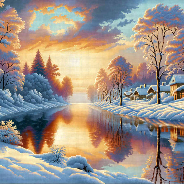 Sonnenaufgang, Schneedorf – Malen nach Zahlen