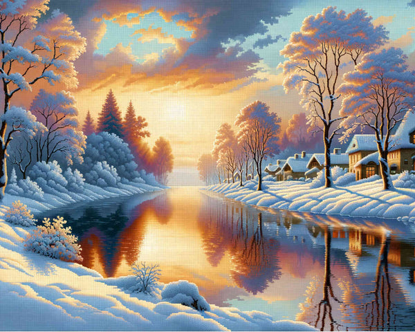 Sonnenaufgang, Schneedorf – Malen nach Zahlen