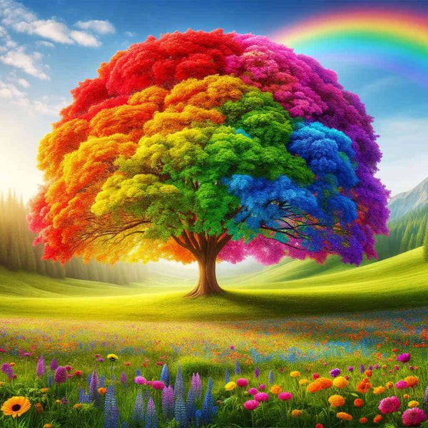 Buntes Malen nach Zahlen Kunstwerk zeigt einen majestätischen Baum in lebendigen Farben auf einer blühenden Wiese unter einem Regenbogen.