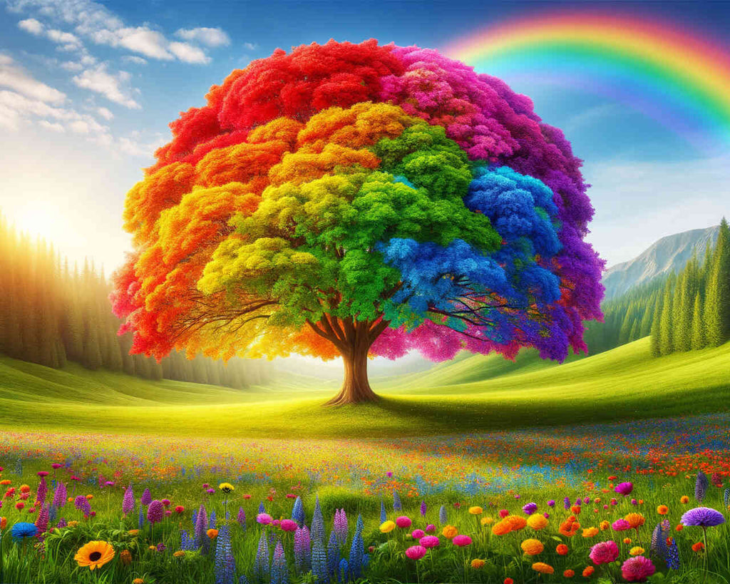 Buntes Malen nach Zahlen Kunstwerk zeigt einen majestätischen Baum in lebendigen Farben auf einer blühenden Wiese unter einem Regenbogen.