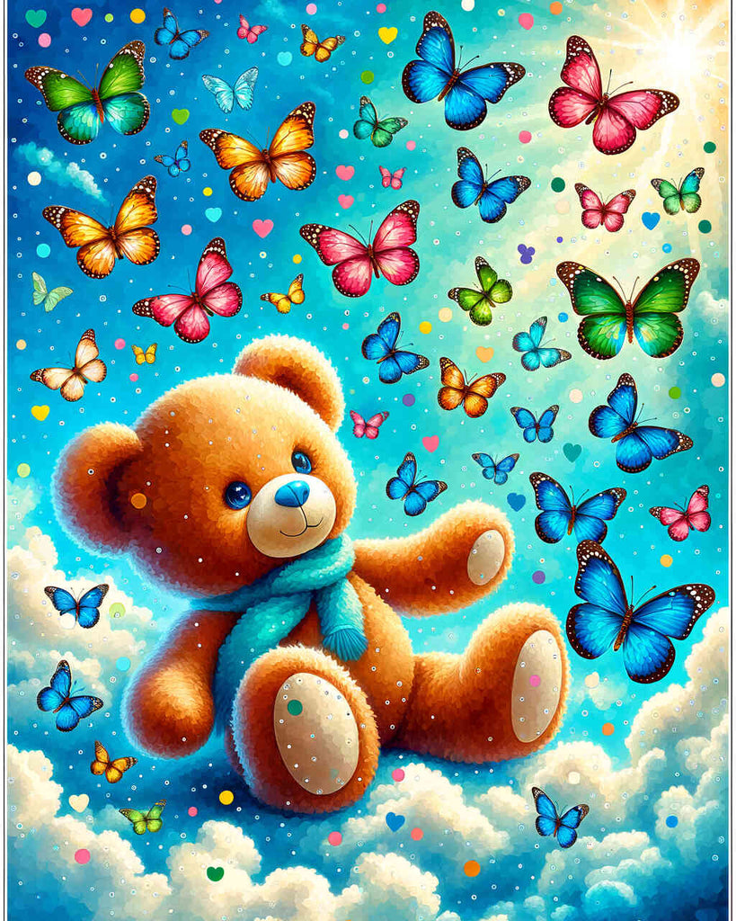 Malen nach Zahlen - Teddy umgeben von Schmetterlingen