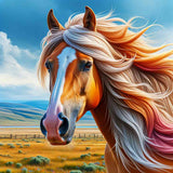 Detailed painting of a horse with flowing mane in a serene landscape, showcasing the calming effect of paint-by-numbers art.