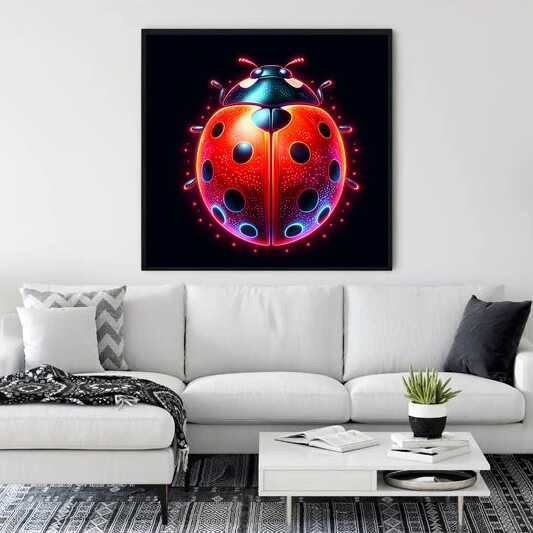Illuminated ladybug paint by numbers artwork displayed in modern living room above white sofa.