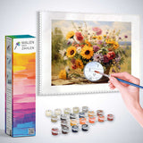 Malen nach Zahlen - Sommertanz der Blumen, impressionistisches Blumenbild, Sonnenblumen, Gänseblümchen, wilde Astern, Farbtöpfe und Pinsel