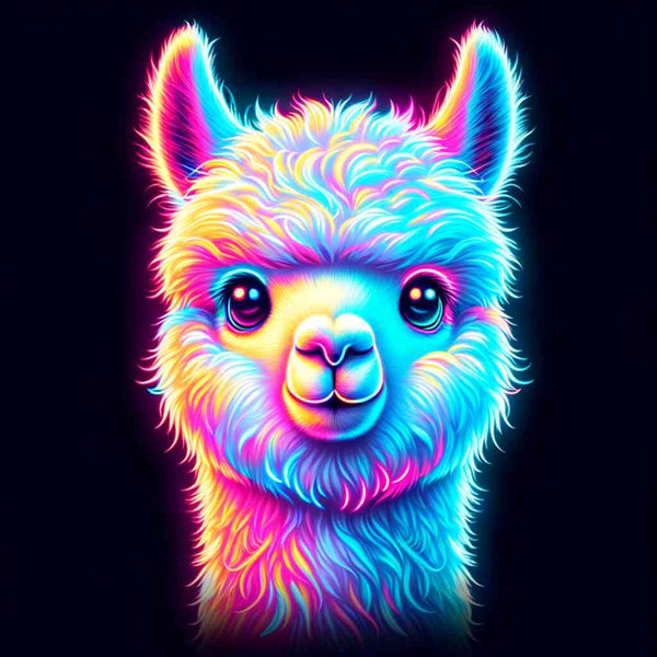 Brightly colored neon illustration of a fluffy alpaca with vibrant hues of blue, pink, and purple.