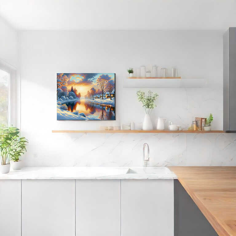 Sonnenaufgang, Schneedorf – Malen nach Zahlen