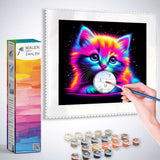 Painting by numbers kit featuring a vibrant neon kitten, complete with paintbrush, colors, and framed artwork.