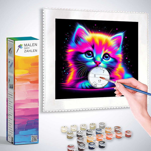 Painting by numbers kit featuring a vibrant neon kitten, complete with paintbrush, colors, and framed artwork.