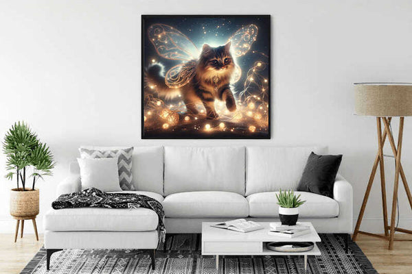 Fairy cat art print displayed in modern living room with white sofa and stylish plants