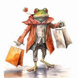 Humorvoller Frosch im roten Mantel mit Einkaufstüten in der Hand spaziert vergnügt auf einem Einkaufsbummel im Aquarellstil