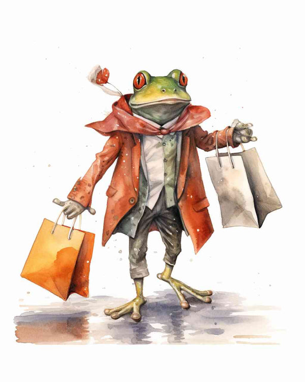 Humorvoller Frosch im roten Mantel mit Einkaufstüten in der Hand spaziert vergnügt auf einem Einkaufsbummel im Aquarellstil