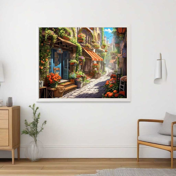 Malen nach Zahlen - Mediterranes Flüstern Kunstwerk mit einem sonnigen Dorf, warmen Orangetönen und grünen Pflanzen in einem Wohnzimmer.