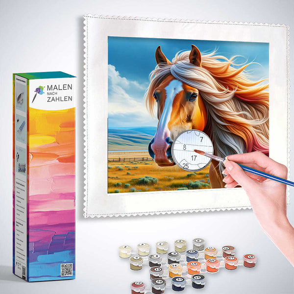 "Malen nach Zahlen - Flüstern des Windes painting kit with a horse image being painted by hand, including paints and brushes"