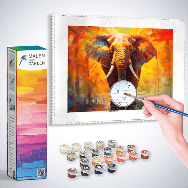 Malen nach Zahlen Set „Sonnengetränkter Gigant“ zeigt einen leuchtenden Elefanten in kräftigen Farben mit Farbtöpfen und Pinsel.