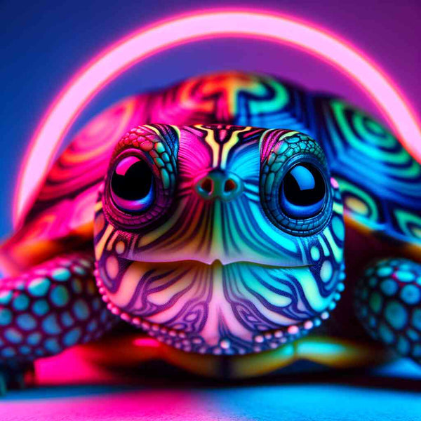 Neon-colored turtle with intricate patterns and pink glowing light in the background.