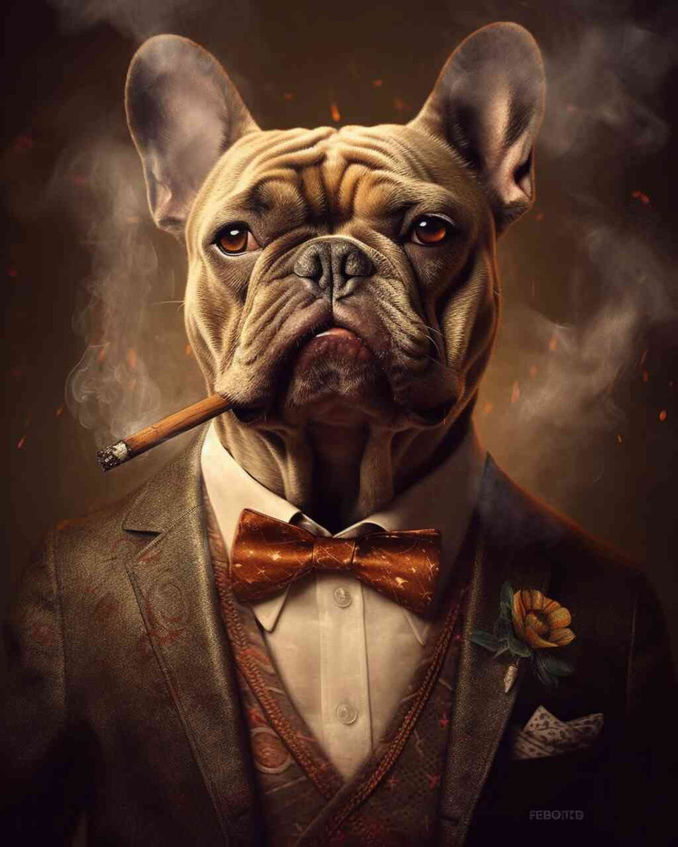 Stilvoller Bulldoggen-Gentleman "Der Pate der Pfoten" in Anzug, umgeben von Rauch und Funken, mit dramatischen Erdtönen und feurigem Glühen im Hintergrund