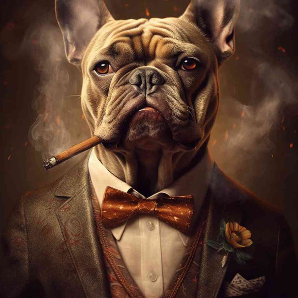 Stilvoller Bulldoggen-Gentleman "Der Pate der Pfoten" in Anzug, umgeben von Rauch und Funken, mit dramatischen Erdtönen und feurigem Glühen im Hintergrund