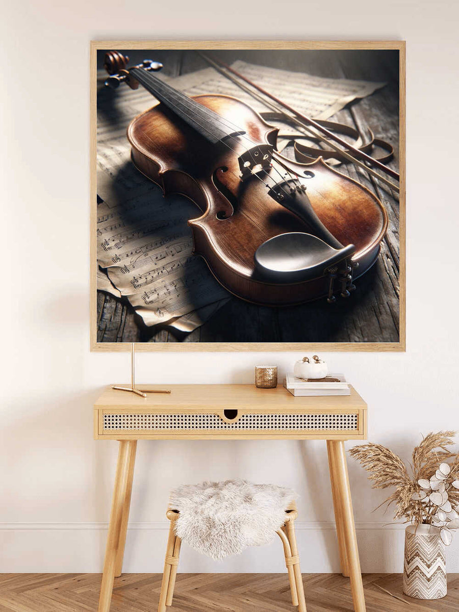 Painting by numbers artwork of a violin with sheet music on a wooden desk, framed and displayed above a small table and fluffy stool.