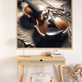 Painting by numbers artwork of a violin with sheet music on a wooden desk, framed and displayed above a small table and fluffy stool.