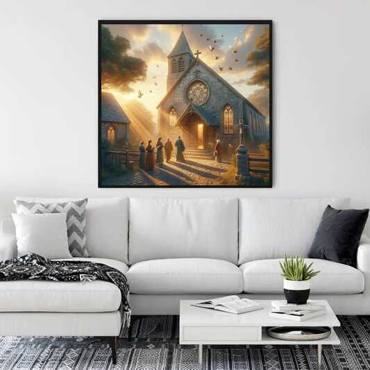 "Malen nach Zahlen - Morgenstrahlen der Andacht painting displayed in a modern living room setting"