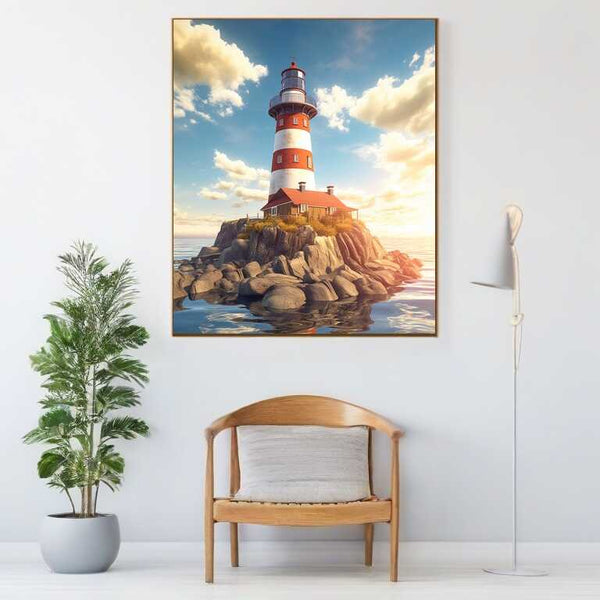 Majestic lighthouse painting with red and white stripes on rocky island during sunset, reflecting in calm sea, symbolizes peace and stability.