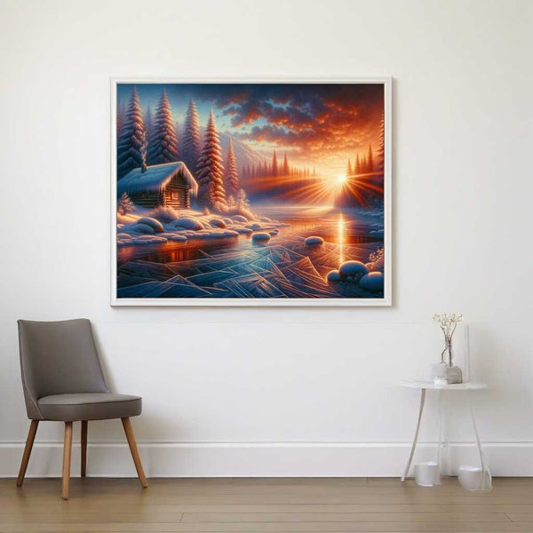 Haus im Winter, Abendrot - Malen nach Zahlen