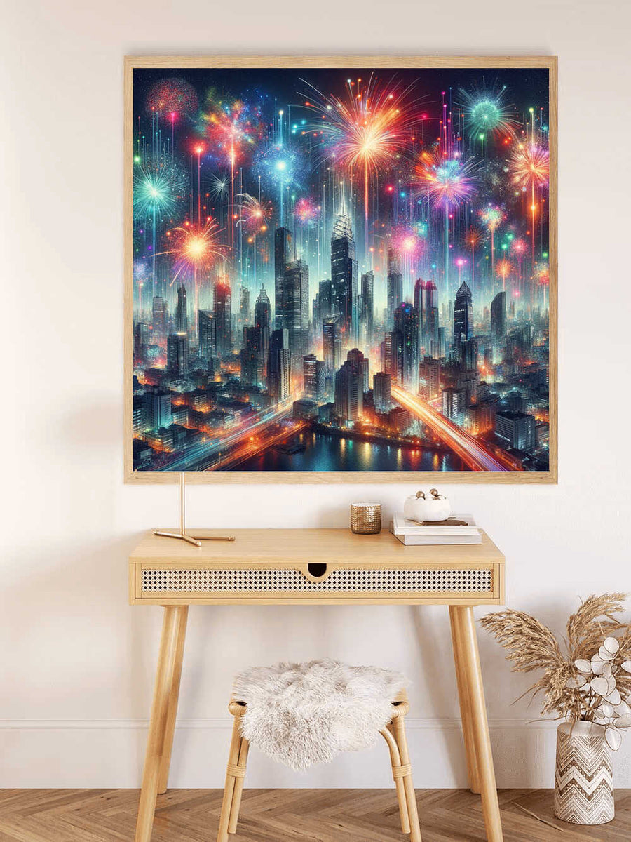 Painting by numbers kit showcasing a stunning cityscape with vibrant fireworks illuminating the night sky.