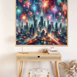 Painting by numbers kit showcasing a stunning cityscape with vibrant fireworks illuminating the night sky.