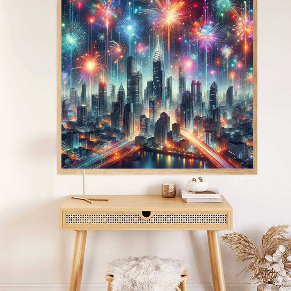 Painting by numbers kit showcasing a stunning cityscape with vibrant fireworks illuminating the night sky.