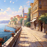 Malen nach Zahlen - Mediterrane Morgentraum, Uferpromenade mit alten Steinhäusern, blühenden Blumenkästen und einsamer Gondel.