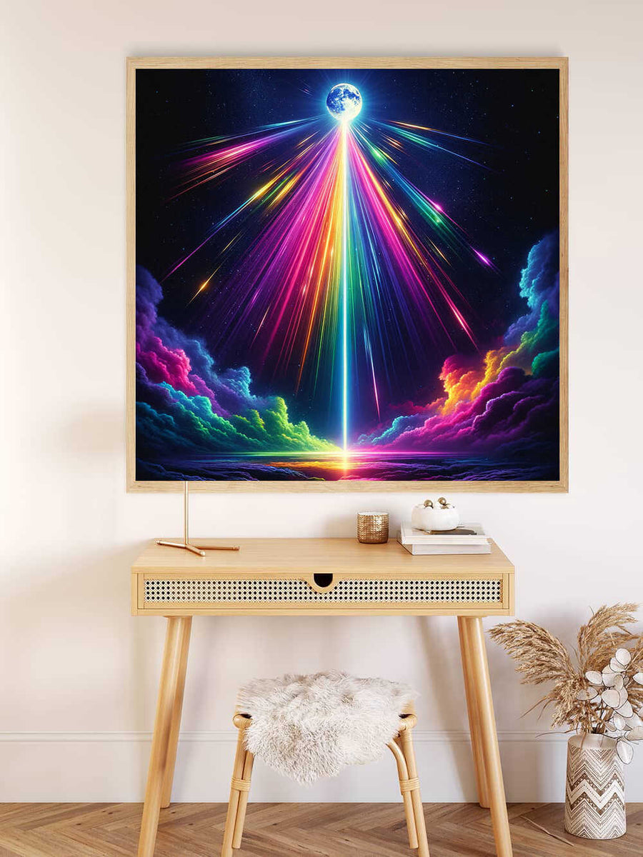 Malen nach Zahlen - Kosmische Sinfonie der Farben, bunte Lichtstrahlen vom Himmel, entspannende Wanddekoration