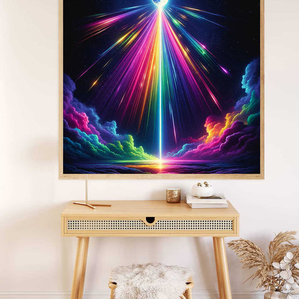 Malen nach Zahlen - Kosmische Sinfonie der Farben, bunte Lichtstrahlen vom Himmel, entspannende Wanddekoration