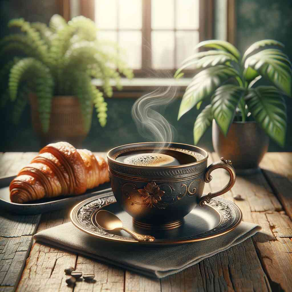 Elegant cup of steaming coffee with a croissant on a wooden table, flanked by lush green plants and a sunlit window in the background