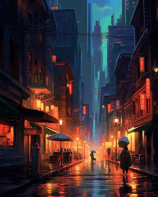 Stadt bei Nacht, Straße - Malen nach Zahlen