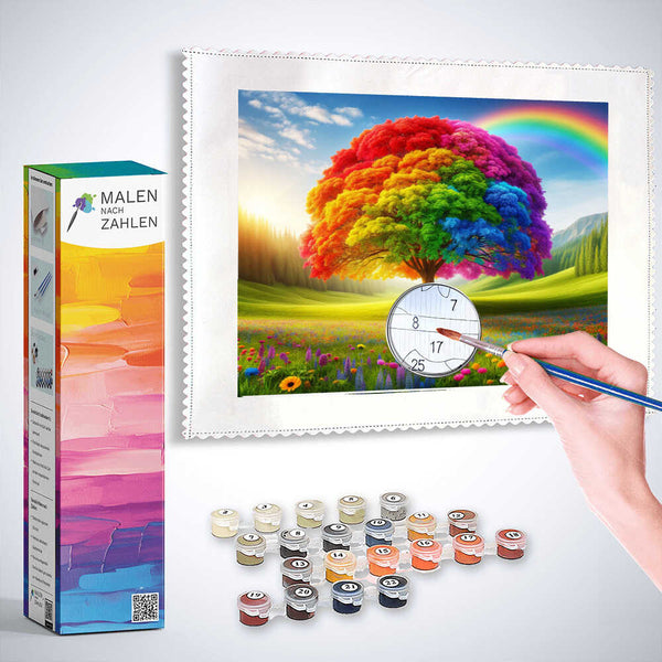 "Malen nach Zahlen - Farben des Lebens, bunter Baum auf blühender Wiese, DIY-Kunstwerk für Kreativität und Entspannung"