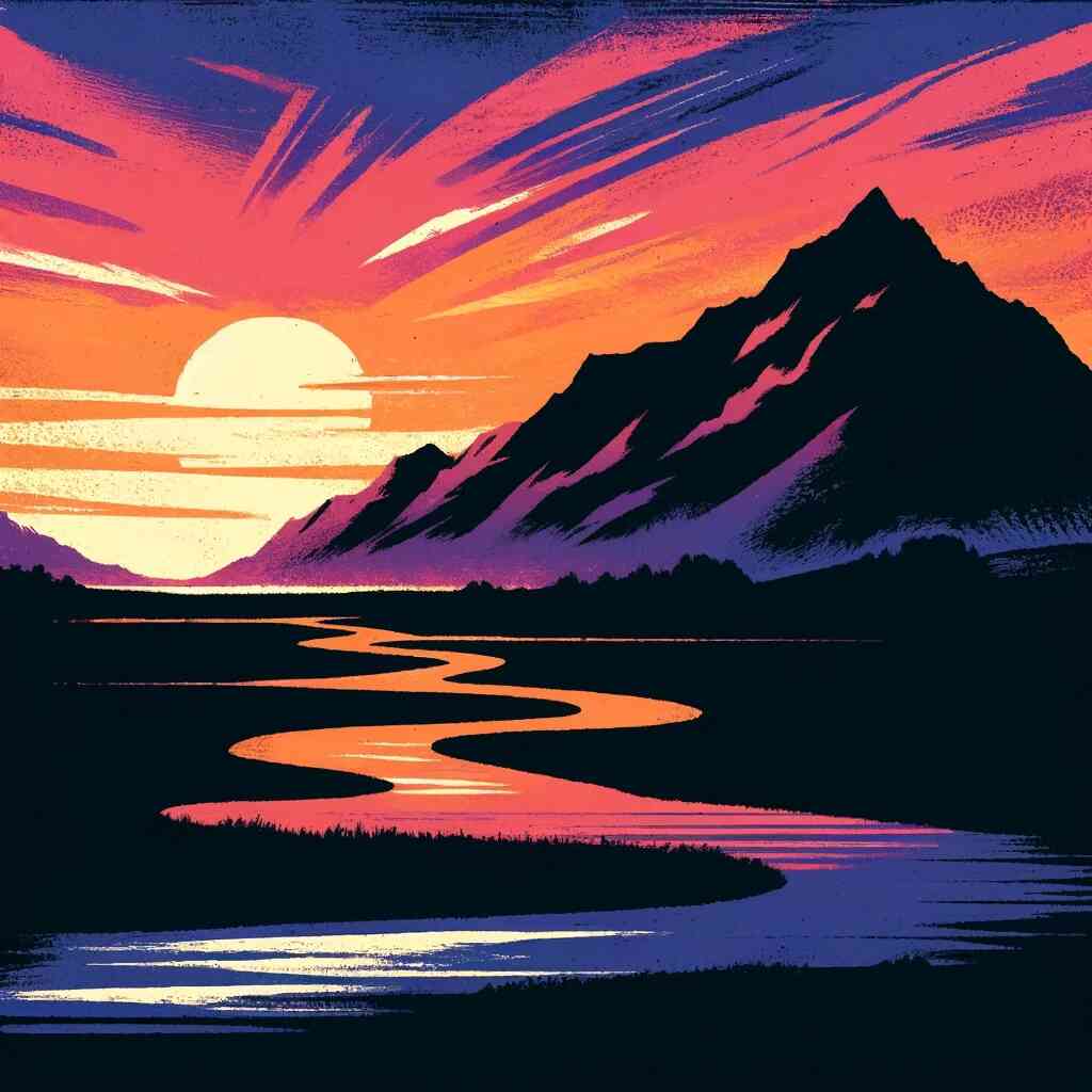 Malen nach Zahlen - Erwachen der Wildnis, Sonnenuntergang hinter Bergen und einem geschwungenen Fluss mit lebhaften Farben
