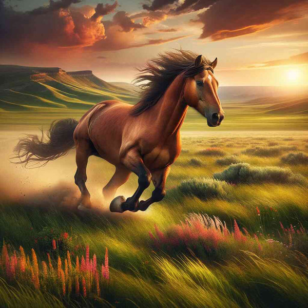 A majestic horse running freely through a vibrant, grassy field under a dramatic sunset sky