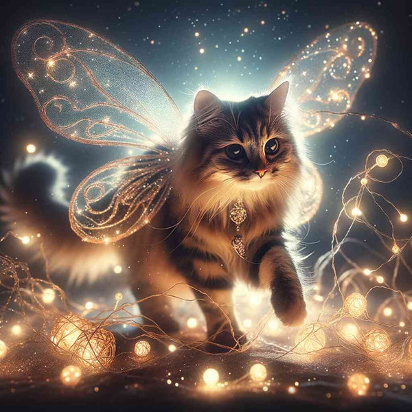 Cat with fairy wings surrounded by glowing lights in a magical, starry setting.