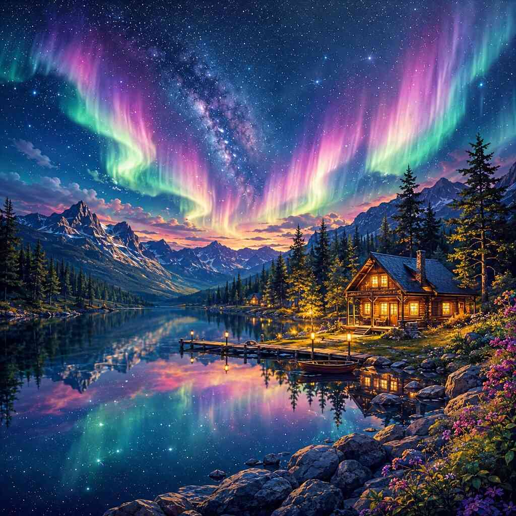 Malen nach Zahlen - Magische Nordlichter über dem See