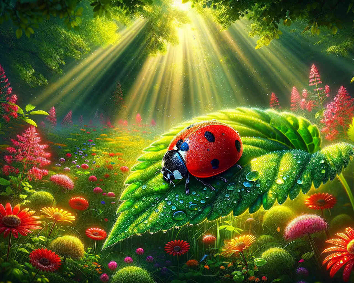 Ladybug on leaf adorned with water droplets in vibrant green forest, titled "Lichter des Lebens" by Malen nach Zahlen.