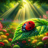 Ladybug on leaf adorned with water droplets in vibrant green forest, titled 