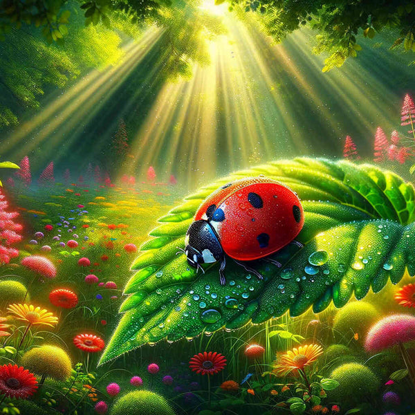 Ladybug on leaf adorned with water droplets in vibrant green forest, titled "Lichter des Lebens" by Malen nach Zahlen.