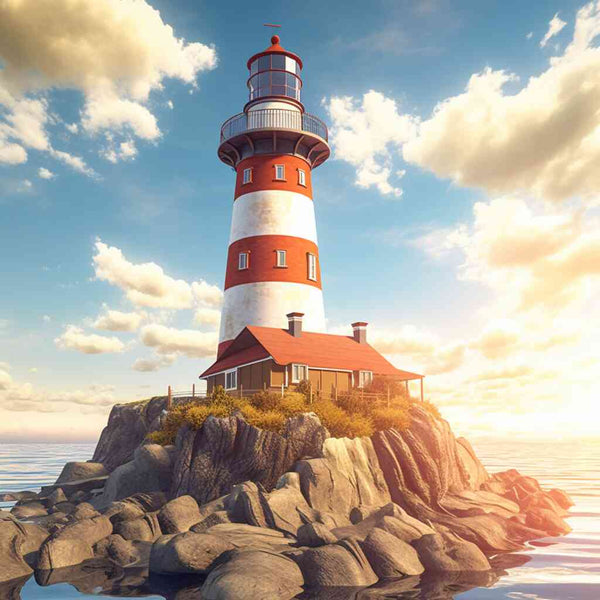 Majestätischer rot-weißer Leuchtturm auf felsiger Insel im Sonnenuntergang, strahlt Wärme und Führung aus, spiegelt sich im ruhigen Meer.