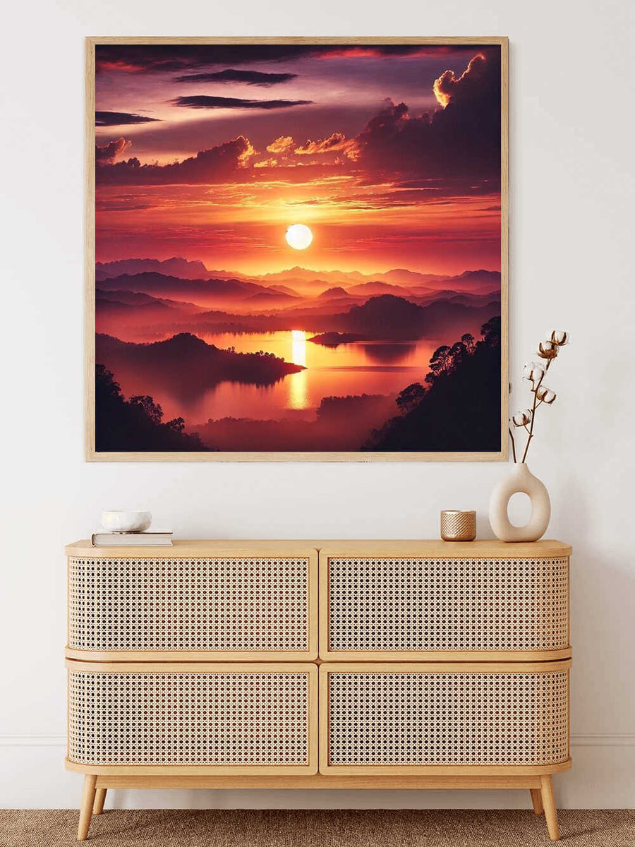 Malen nach Zahlen - Abendglut am Horizont, Sonnenuntergang Kunstwerk über einer modernen Kommode, entspannende Malwirkung, warmes Farbschema